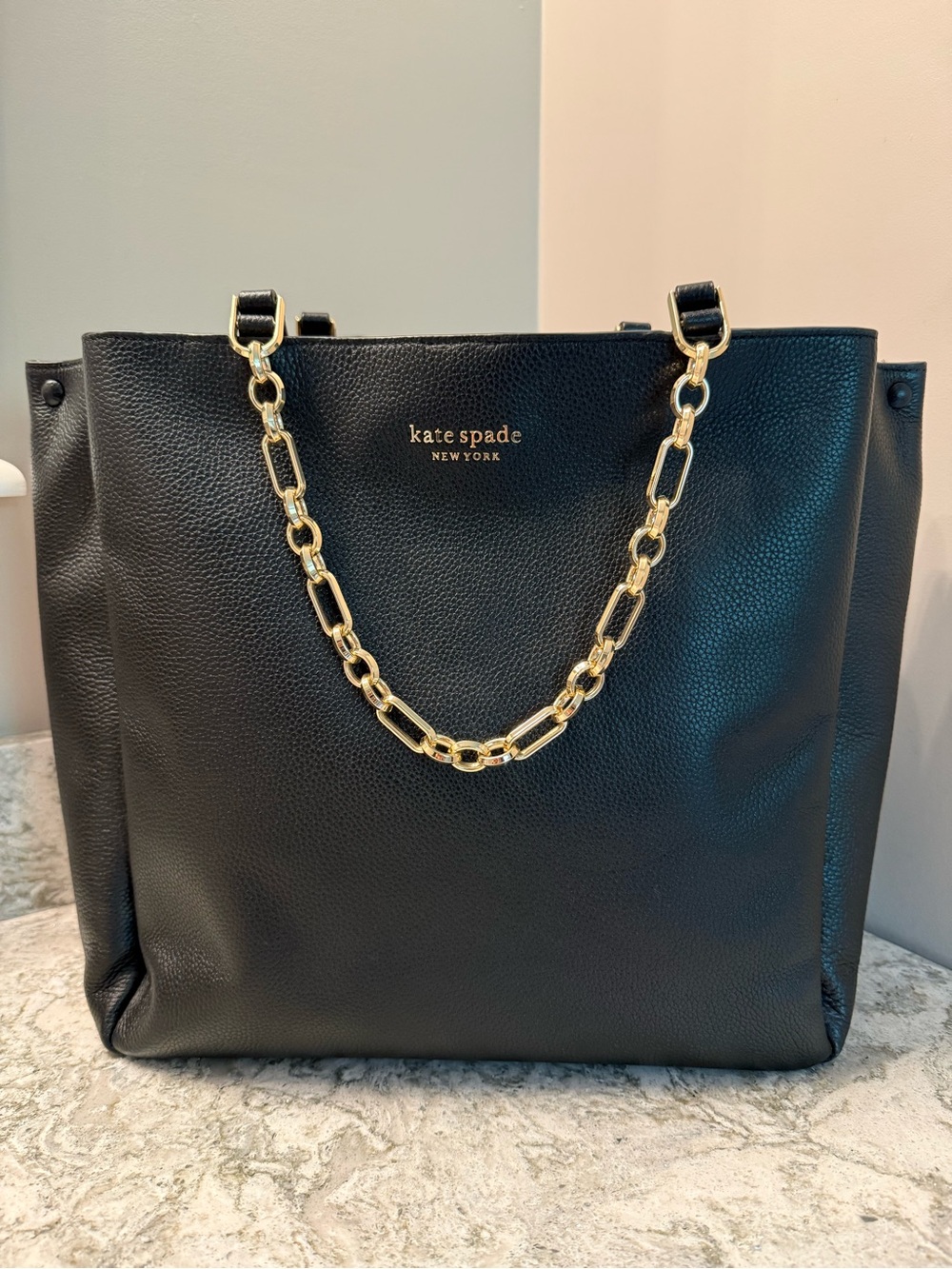 kate spade New York Carlyle Black Leather Tote with Gold Chain